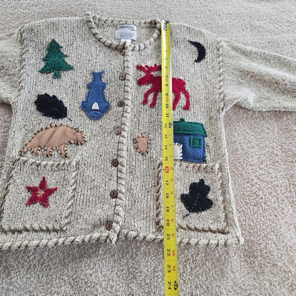 Vtg Christopher &Banks Hand Embroidered Cardigan Moose Bear Fish Woodland S NWT* - Picture 10 of 15